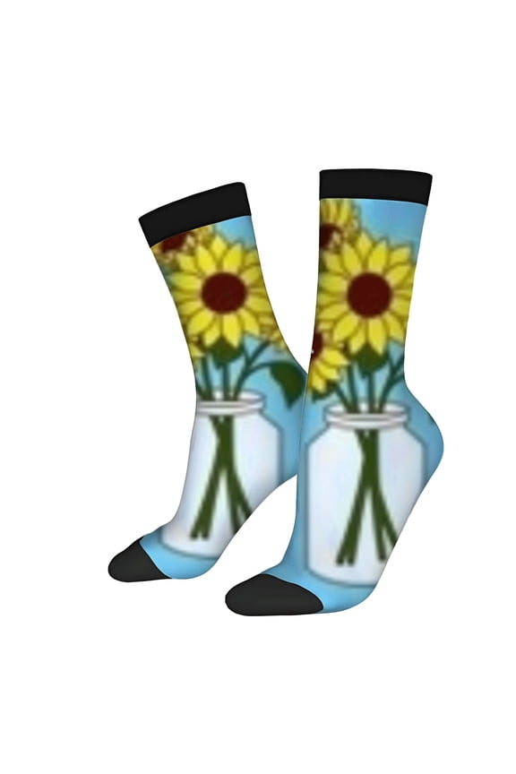 Four Seasons Universal Socks (2 Pairs) - Vibrant Sunflower Design in White Jar Unisex Trendy Mixed Color Socks Black Toe Caps