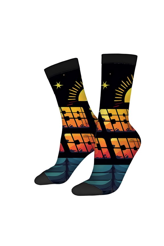 Four Seasons Universal Socks (2 Pairs) - Vibrant Sunset Design with Silhouette Stars & Airplane Unisex Trendy Mixed Color Socks for All Seasons