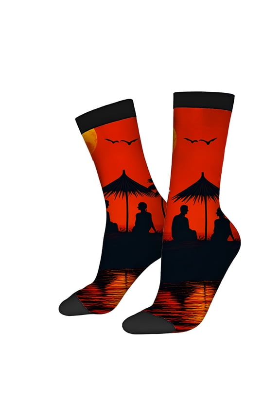 Four Seasons Universal Socks (2 Pairs) - Vibrant Sunset Design with Silhouetted Palm Trees & Reflective Water Unisex Trendy Mixed Color Socks