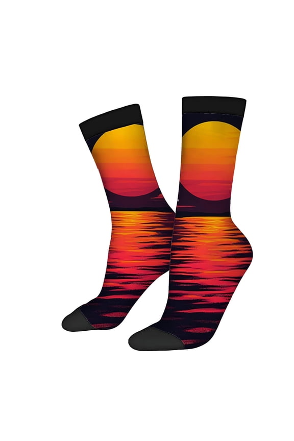 Four Seasons Universal Socks (2 Pairs) - Vibrant Sunset Design with Yellow Sun & Reflective Water Unisex Trendy Mixed Color Socks