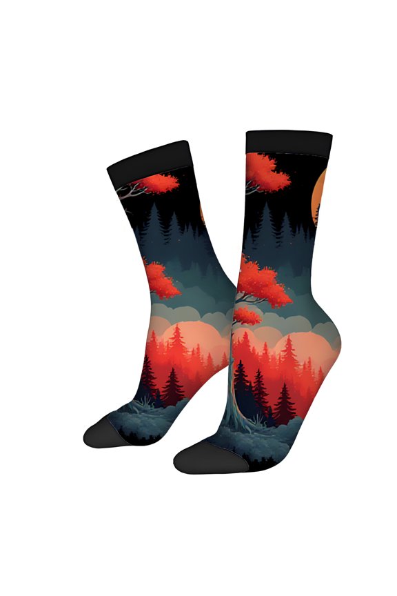 Four Seasons Universal Socks (2 Pairs) - Vibrant Tree Design with Red Leaves Dark Forest & Red Sky - Unisex Trendy Mixed Color Socks