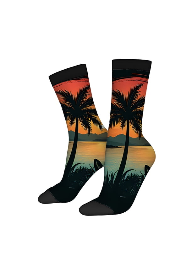 Four Seasons Universal Socks (2 Pairs) - Vibrant Tropical Sunset Design with Palm Trees Unisex Trendy Mixed Color Socks for Relaxing Vibes