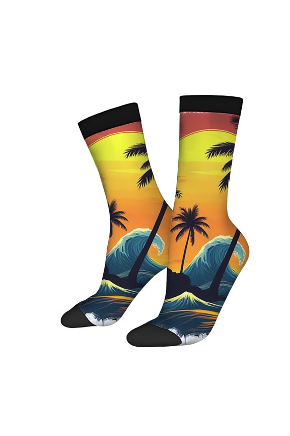 Four Seasons Universal Socks (2 Pairs) - Vibrant Tropical Sunset Design with Palm Trees & Waves Unisex Trendy Mixed Color Socks for Beach Lovers