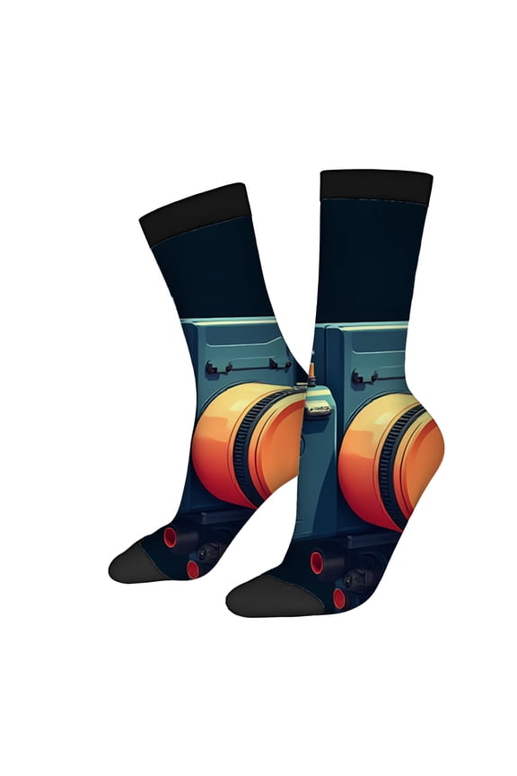 Four Seasons Universal Socks (2 Pairs) - Vintage Camera Design Dark Blue with Red & Orange Accents Unisex Trendy Mixed Color Socks for All Seasons
