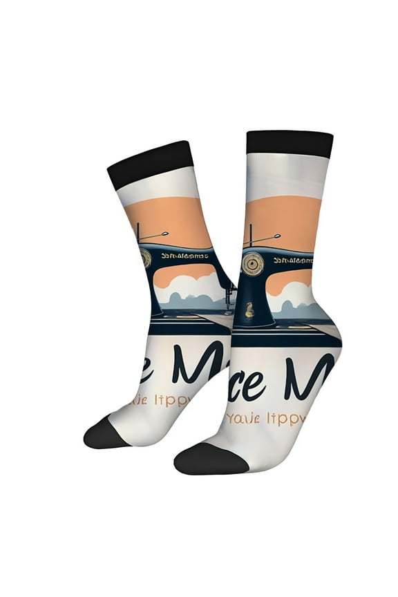 Four Seasons Universal Socks (2 Pairs) - Vintage Sewing Machine & Cup Design Unisex Trendy Mixed Color Socks in Black Orange & Cream
