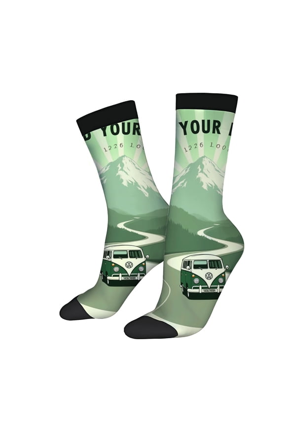 Four Seasons Universal Socks (2 Pairs) - Vintage Van Design Winding Road & Mountain Range Unisex Trendy Mixed Colors