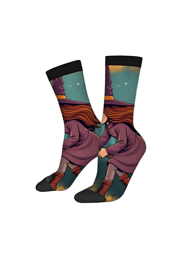 Four Seasons Universal Socks (2 Pairs) - Whimsical Cartoon Witch Design Colorful Mixed Color Unisex Trendy Socks with Sky and Stars