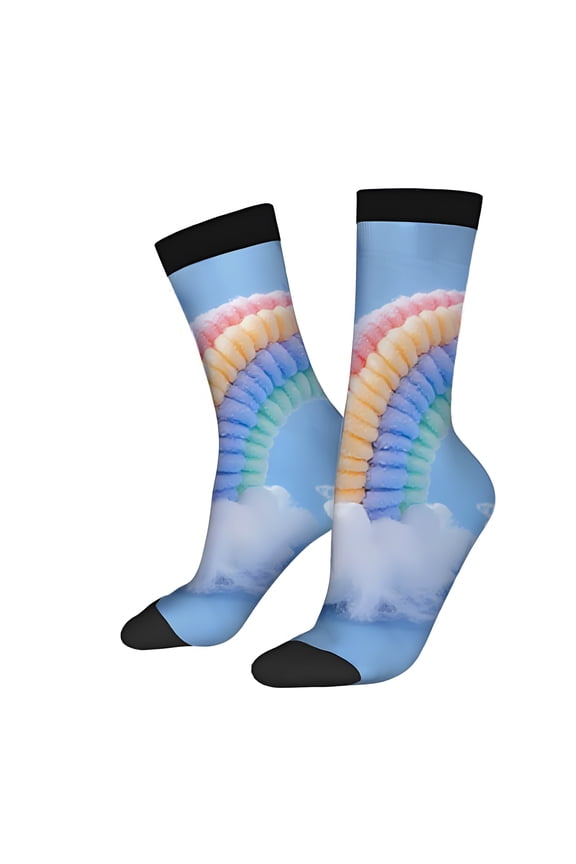 Four Seasons Universal Socks (2 Pairs) - Whimsical Cloud Design in Pastel Pink Yellow & Orange on Light Blue Sky - Unisex Trendy Mixed Color Socks