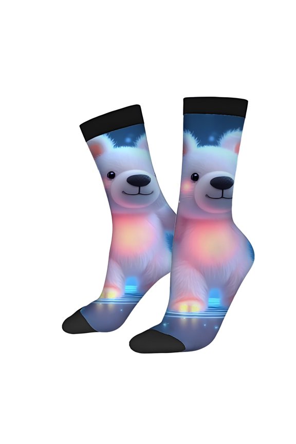 Four Seasons Universal Socks (2 Pairs) - Whimsical Glowing Bear Design on Blue Background Unisex Trendy Mixed Color Socks with Starry Accents Perfect for All Seasons