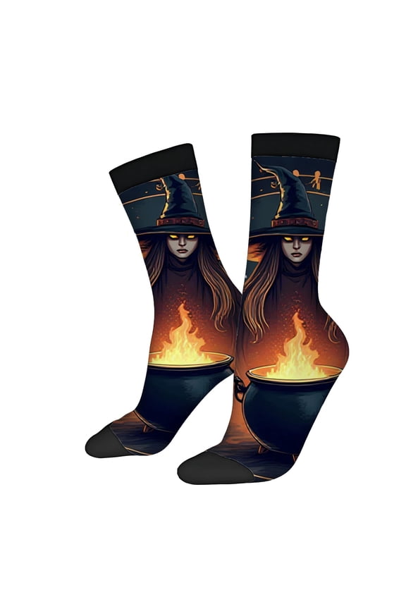 Four Seasons Universal Socks (2 Pairs) - Whimsical Witch & Cauldron Design Mixed Colors Unisex Trendy Halloween Socks