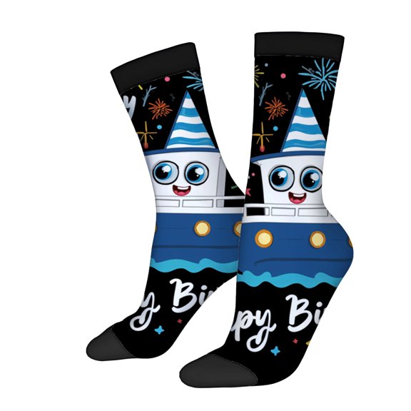 Four Seasons Universal Socks - 2 Pairs of Festive Cartoon Character Socks with Fireworks & ' Happy Birthday ' Design Unisex Trendy Style