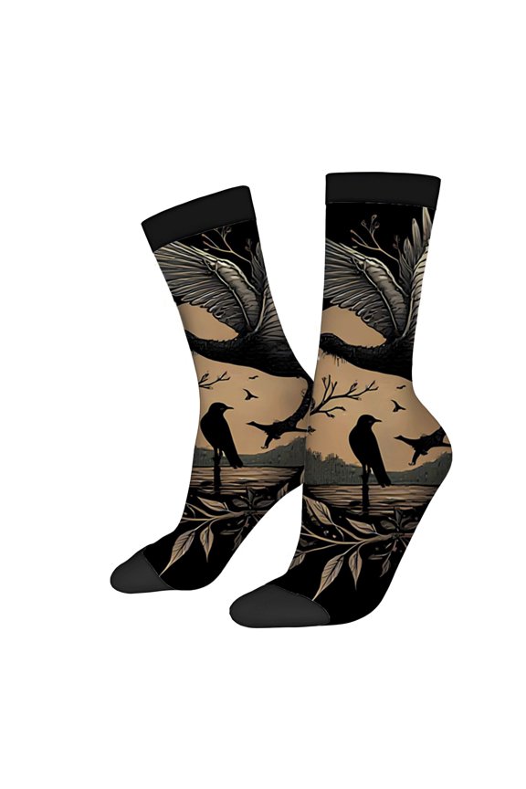 Four Seasons Universal Socks - 2 Pairs of Nature-Themed Unisex Socks with Bird Silhouettes & Serene Landscape Design