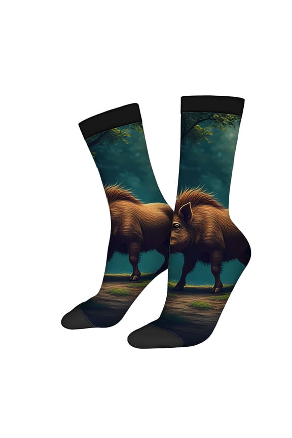 Four Seasons Universal Socks - 2 Pairs of Nature-Themed Unisex Socks with Wild Boar Design Landscape Stylish Black Accents