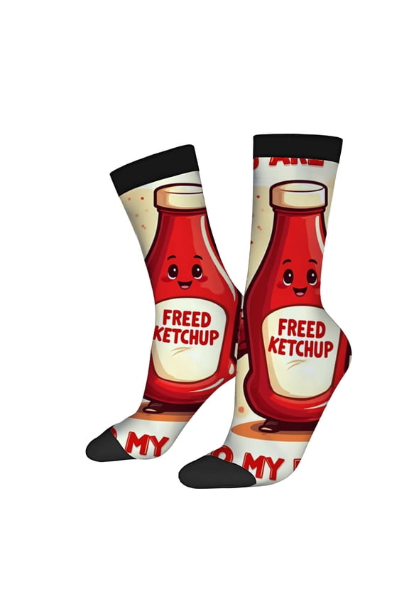 Four Seasons Universal Socks - 2 Pairs of Playful Cartoon Ketchup Design Unisex Trendy Socks with Red Dots and Black Toe Caps