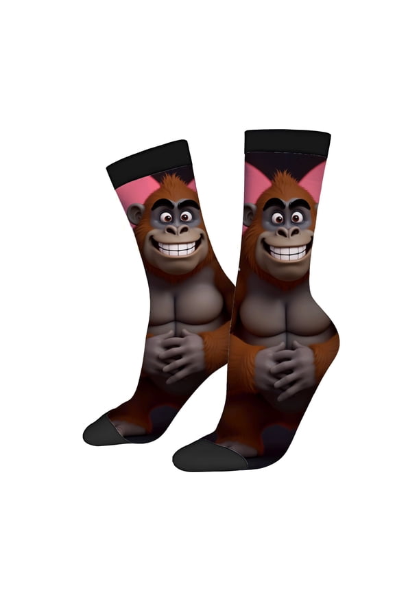 Four Seasons Universal Socks - 2 Pairs of Playful Cartoon Monkey Design Unisex Trendy Mixed Color Socks with Black Cuffs