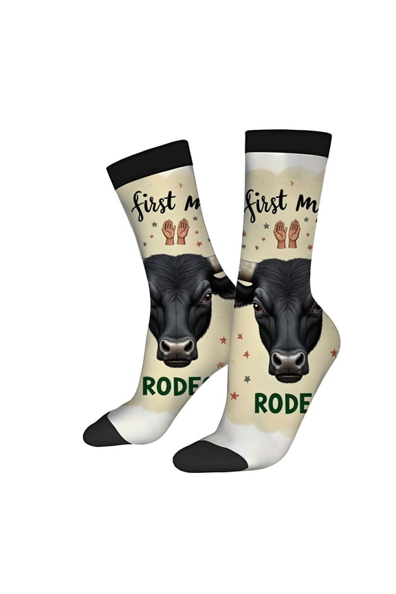 Four Seasons Universal Socks - 2 Pairs of Playful Cow Face Design with Stars & ' First Rodeo ' Text Unisex Trendy Mixed Colors