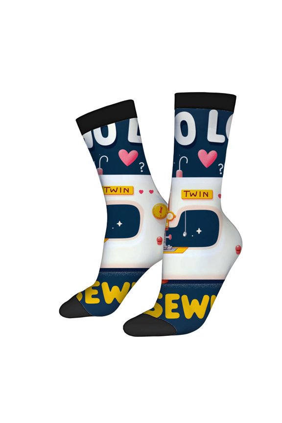 Four Seasons Universal Socks - 2 Pairs of Playful Mixed Color Socks with Label Heart and Sewing Machine Motif - Unisex Trendy Design