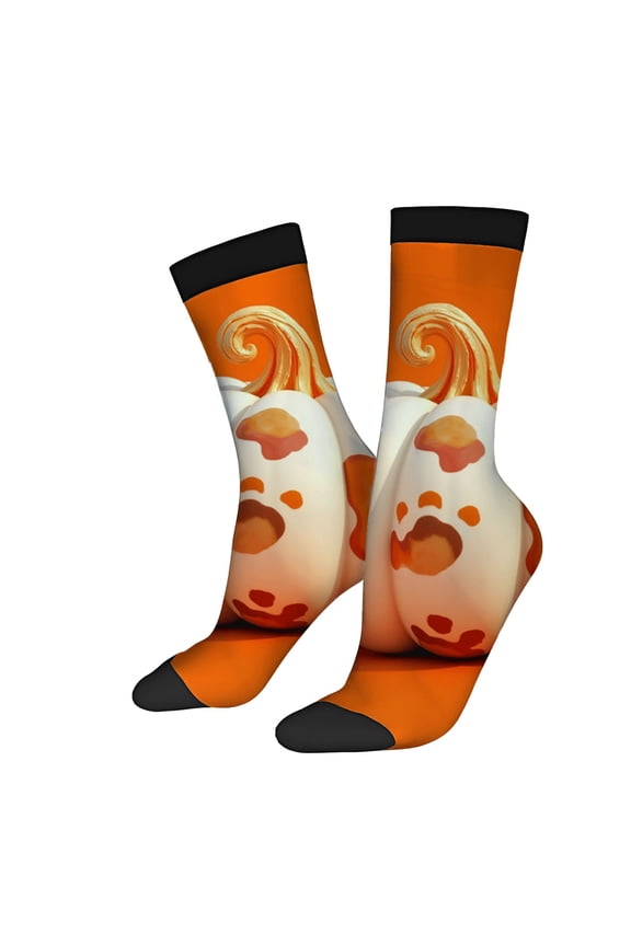 Four Seasons Universal Socks - 2 Pairs of Playful Orange & White Socks with Cat Tail Swirl Print Design Unisex Trendy Style