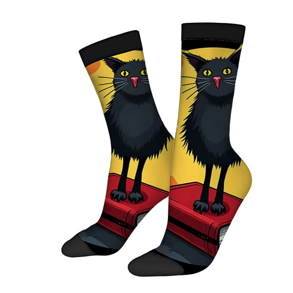 Four Seasons Universal Socks - 2 Pairs of Playful Unisex Socks with Colorful Black Cat Design on Red Background Trendy & Fun