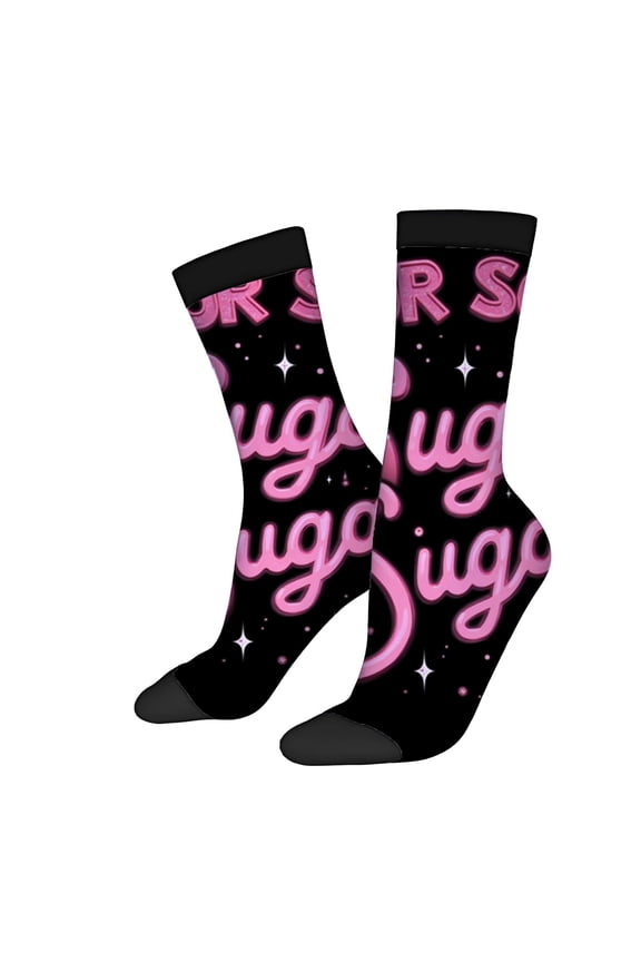 Four Seasons Universal Socks - 2 Pairs of Trendy Unisex Socks with Black Background Pink ' Socks ' & ' uggs ' Text and Star Accents