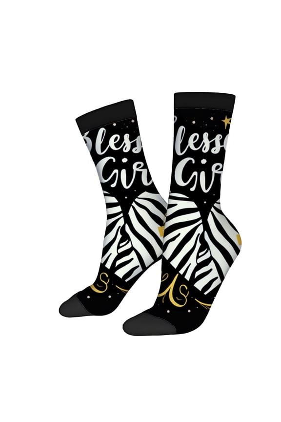 Four Seasons Universal Socks - 2 Pairs of Trendy Unisex Socks with Bold Black & White Stripes Zebra Pattern Stars & Swirls Design