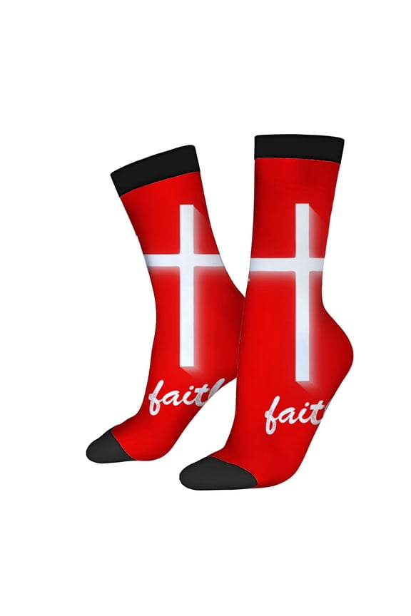Four Seasons Universal Socks - 2 Pairs of Trendy Unisex Socks with Bold Patterns Featuring Red Socks with White Cross and ' Faith ' Design