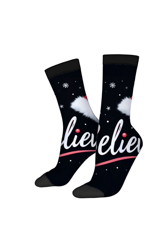 Four Seasons Universal Socks - 2 Pairs of Trendy Unisex Socks with Festive Black White & Red Design Snowflakes & Fluffy Trim