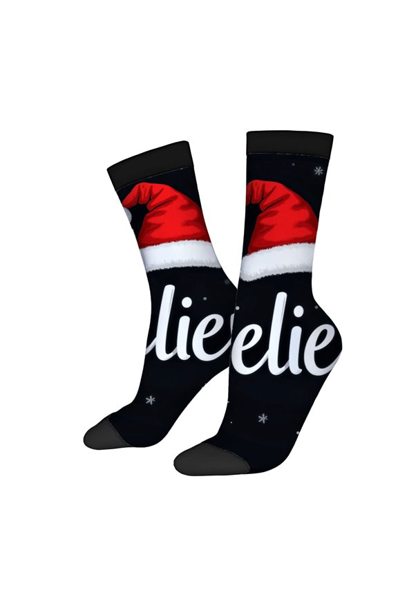 Four Seasons Universal Socks - 2 Pairs of Trendy Unisex Socks with Festive Patterns: Black with Red Santa Hats & White Snowflakes