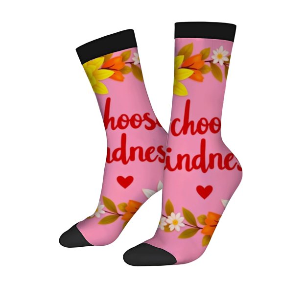 Four Seasons Universal Socks - 2 Pairs of Trendy Unisex Socks with Floral Patterns on Pink Background ' Choose Kindness ' Design