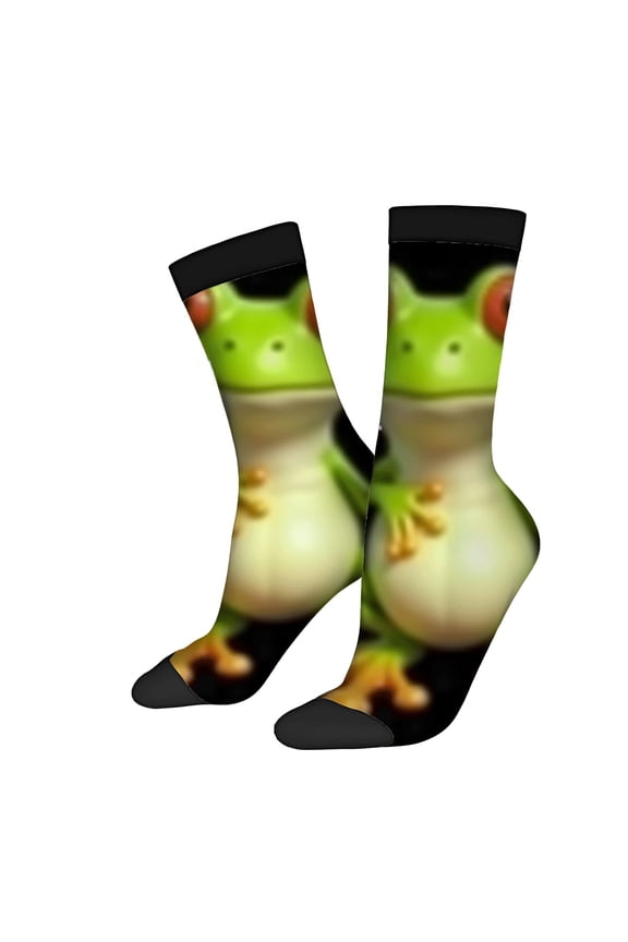 Four Seasons Universal Socks - 2 Pairs of Trendy Unisex Socks with Playful Cartoon Frog Design Black with Green & Yellow Accents