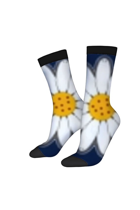 Four Seasons Universal Socks - 2 Pairs of Unisex Trendy Floral Pattern Socks with White Daisies on Blue Black Cuffs