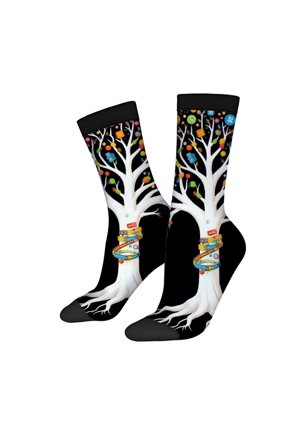 Four Seasons Universal Socks - 2 Pairs of Unisex Trendy Socks with Artistic Tree Design Colorful Leaves & Digital on Black Background