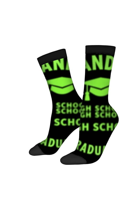 Four Seasons Universal Socks - 2 Pairs of Unisex Trendy Socks with Black Background Green ' AND SCHOOH SCHOOL ' Text & Graduation Cap Design