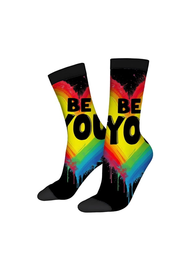 Four Seasons Universal Socks - 2 Pairs of Unisex Trendy Socks with Bold ' BE YOU ' Phrase on Vibrant Rainbow Drip Design