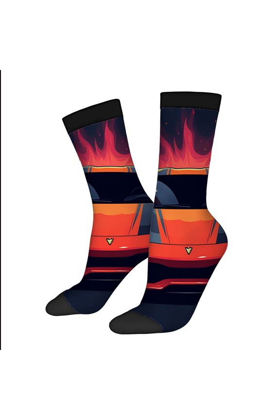 Four Seasons Universal Socks - 2 Pairs of Unisex Trendy Socks with Bold Car and Flame Design Vibrant Gradient Colors Casual Style