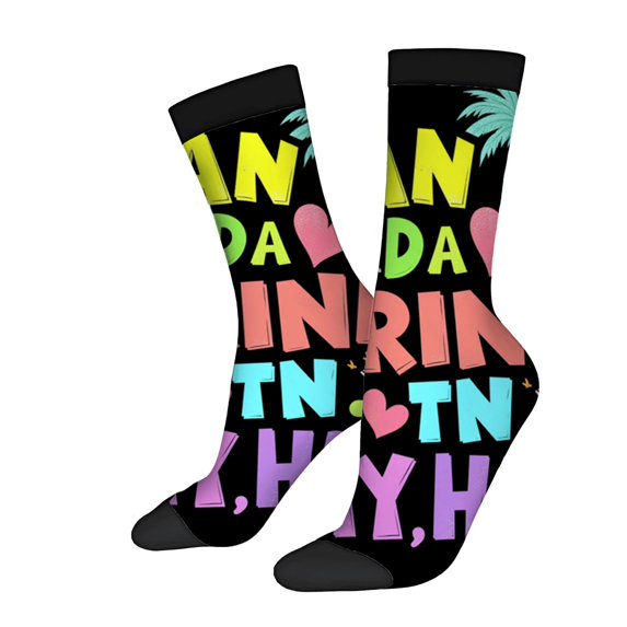 Four Seasons Universal Socks - 2 Pairs of Unisex Trendy Socks with Bold Colorful Text & Fun Patterns on Black Background