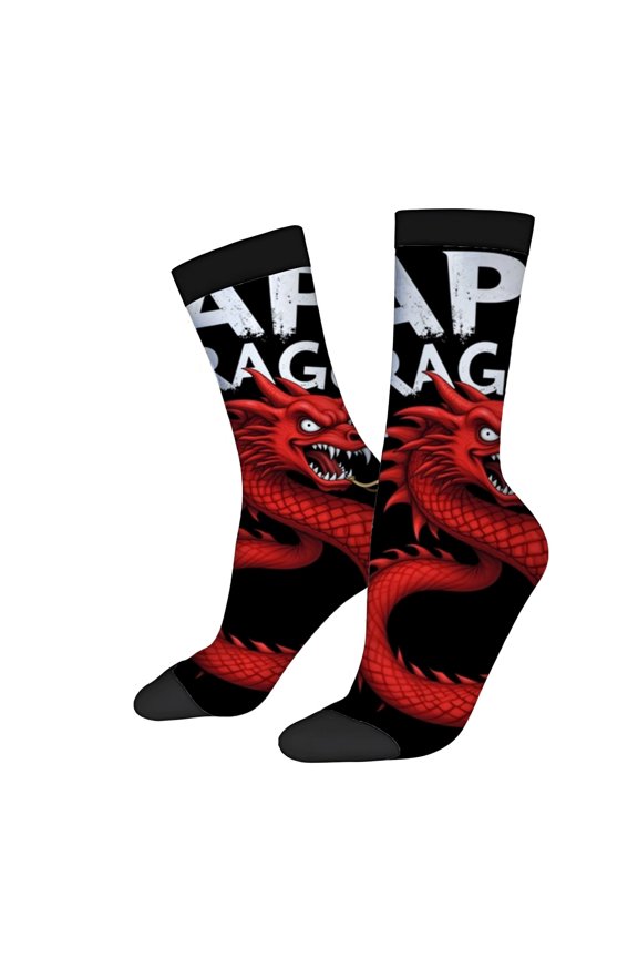 Four Seasons Universal Socks - 2 Pairs of Unisex Trendy Socks with Bold Dragon Design on Black Background Perfect for All Seasons
