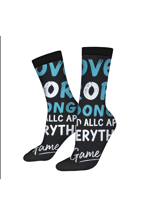 Four Seasons Universal Socks - 2 Pairs of Unisex Trendy Socks with Bold ' LOVE GONGS ' Design in Black White & Light Blue