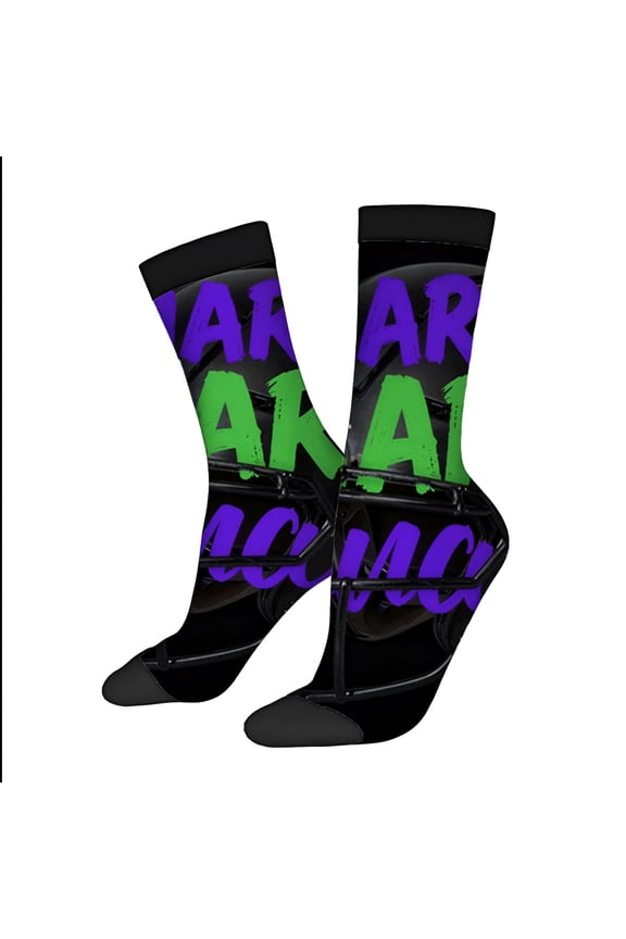 Four Seasons Universal Socks - 2 Pairs of Unisex Trendy Socks with Bold ' MARCH BACK ' Graphic in Vibrant Purple & Green on Black
