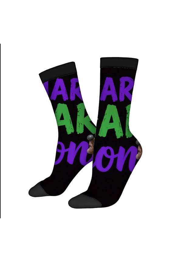 Four Seasons Universal Socks - 2 Pairs of Unisex Trendy Socks with Bold ' MARRIAGE ON ' Design Black Background Purple & Green Text