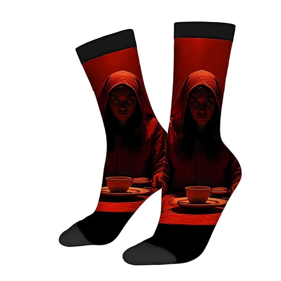 Four Seasons Universal Socks - 2 Pairs of Unisex Trendy Socks with Bold Red Hoodie Design and Central Figure Pattern