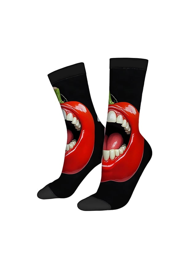 Four Seasons Universal Socks - 2 Pairs of Unisex Trendy Socks with Bold Red Mouth Design Glossy Teeth & Pink Tongue on Black Background