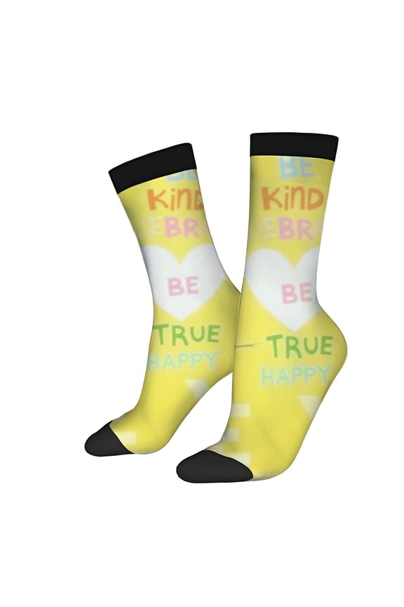 Four Seasons Universal Socks - 2 Pairs of Unisex Trendy Socks with Bright Yellow Background Colorful ' BE KIND BE BRAVE BE TRUE HAPPY ' Design