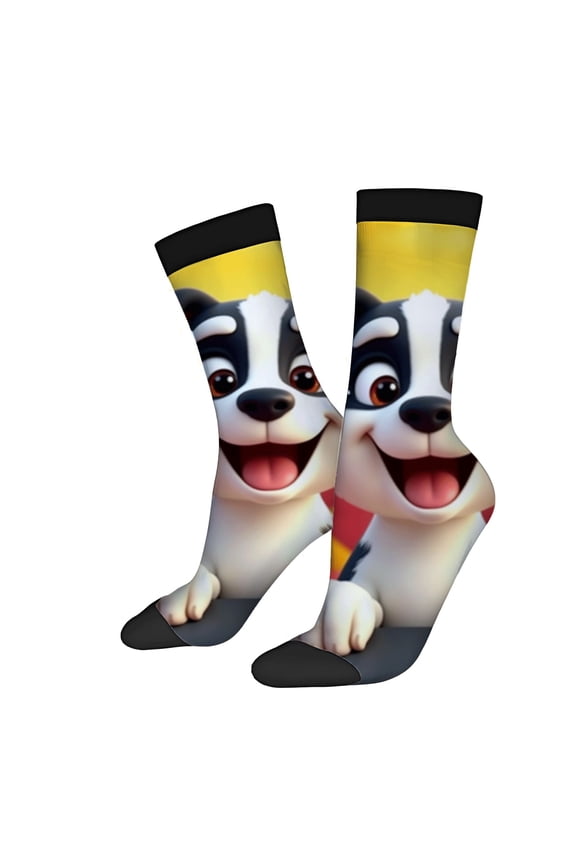 Four Seasons Universal Socks - 2 Pairs of Unisex Trendy Socks with Cartoon Dog Design Happy Expression & Red Cape Mixed Colors