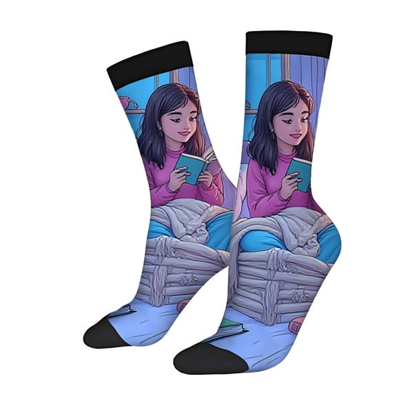 Four Seasons Universal Socks - 2 Pairs of Unisex Trendy Socks with Cartoon Girl Reading Design Mixed Colors Perfect for All Seasons