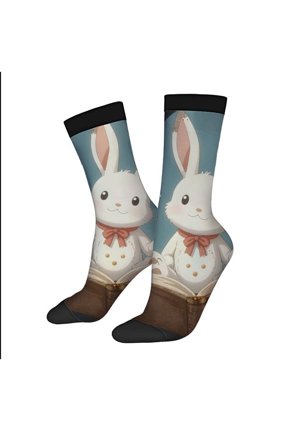 Four Seasons Universal Socks - 2 Pairs of Unisex Trendy Socks with Cartoon Rabbit Design Red Bow Tie and Open Book Pattern