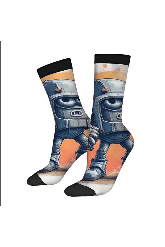 Four Seasons Universal Socks - 2 Pairs of Unisex Trendy Socks with Cartoon Robot Design on Vibrant Orange Background