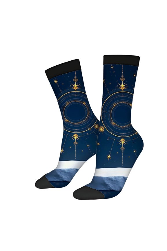 Four Seasons Universal Socks - 2 Pairs of Unisex Trendy Socks with Celestial Patterns Dark Blue with Golden Constellations & Stars