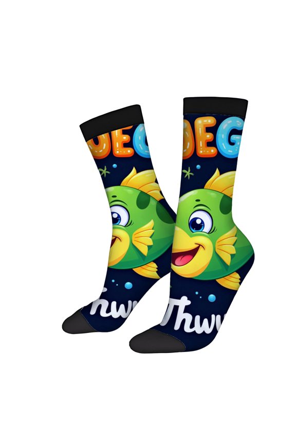 Four Seasons Universal Socks - 2 Pairs of Unisex Trendy Socks with Cheerful Cartoon Fish Design Colorful Letters & Star Patterns
