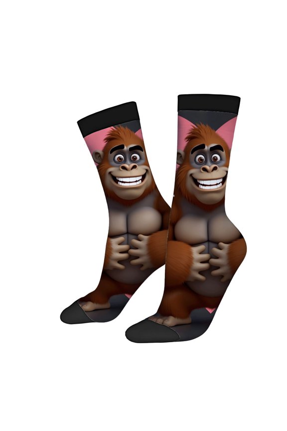 Four Seasons Universal Socks - 2 Pairs of Unisex Trendy Socks with Cheerful Cartoon Gorilla Design Mixed Colors Perfect for All Seasons